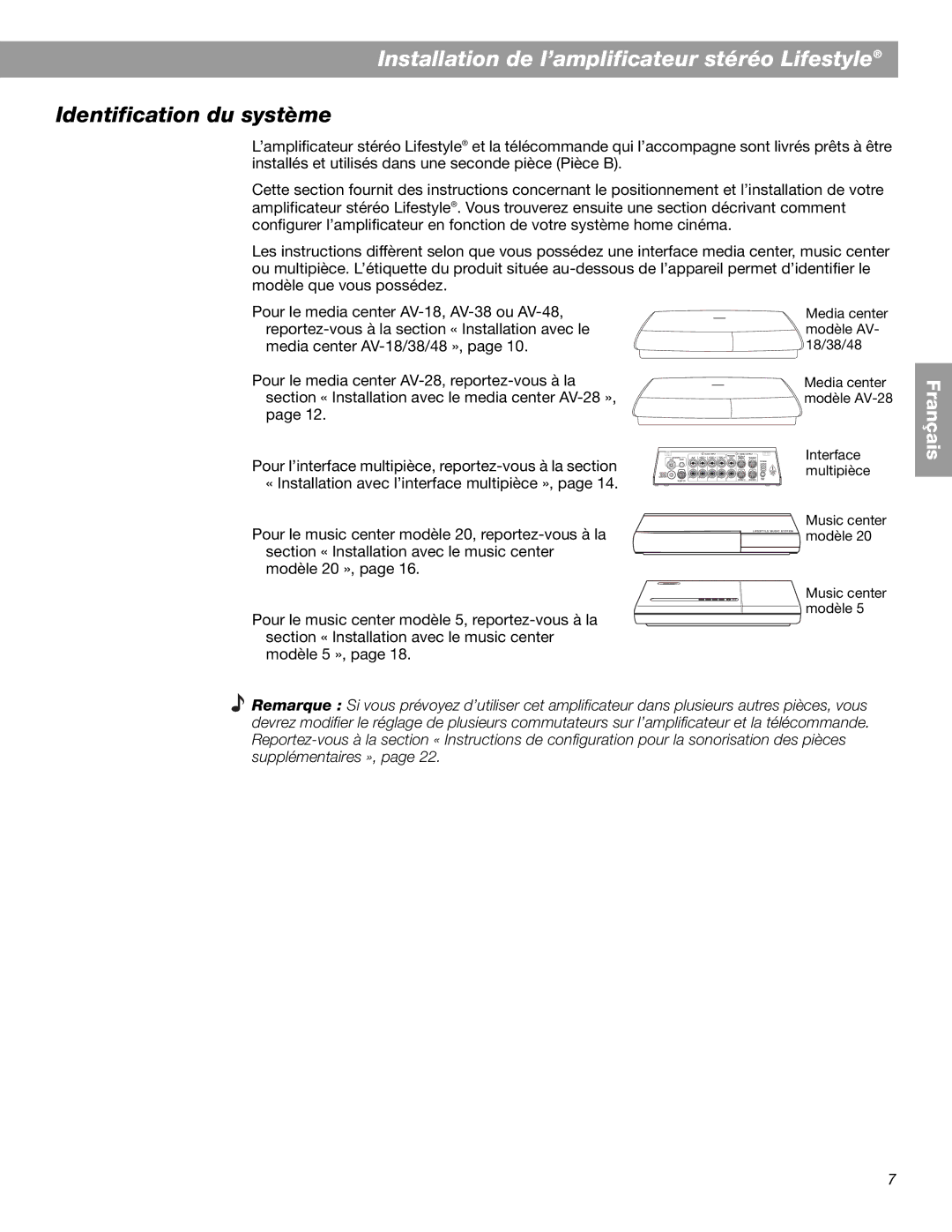 Bose BOSESA3 manual Installation de l’amplificateur stéréo Lifestyle, Identification du système 