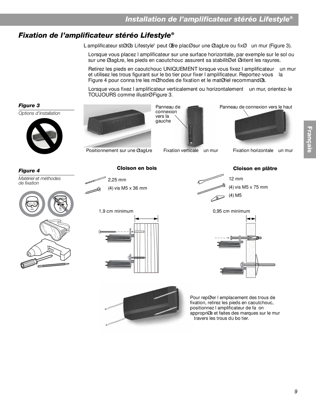 Bose BOSESA3 manual Fixation de l’amplificateur stéréo Lifestyle, Cloison en bois Cloison en plâtre 