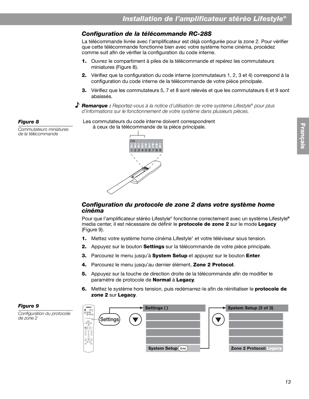 Bose BOSESA3 manual Configuration de la télécommande RC-28S 