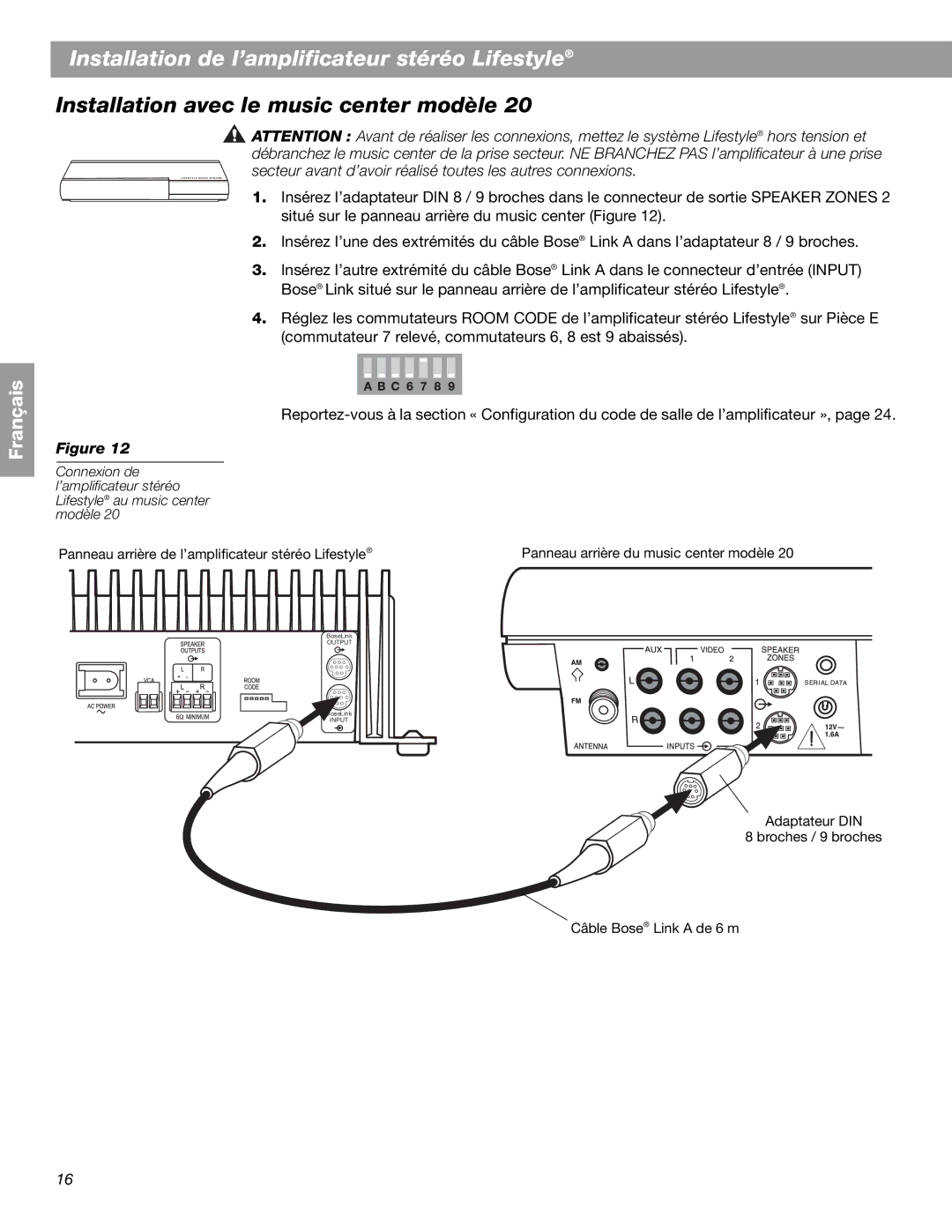 Bose BOSESA3 manual Installation avec le music center modèle 