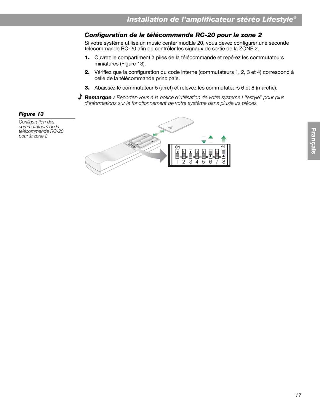 Bose BOSESA3 manual Configuration de la télécommande RC-20 pour la zone 