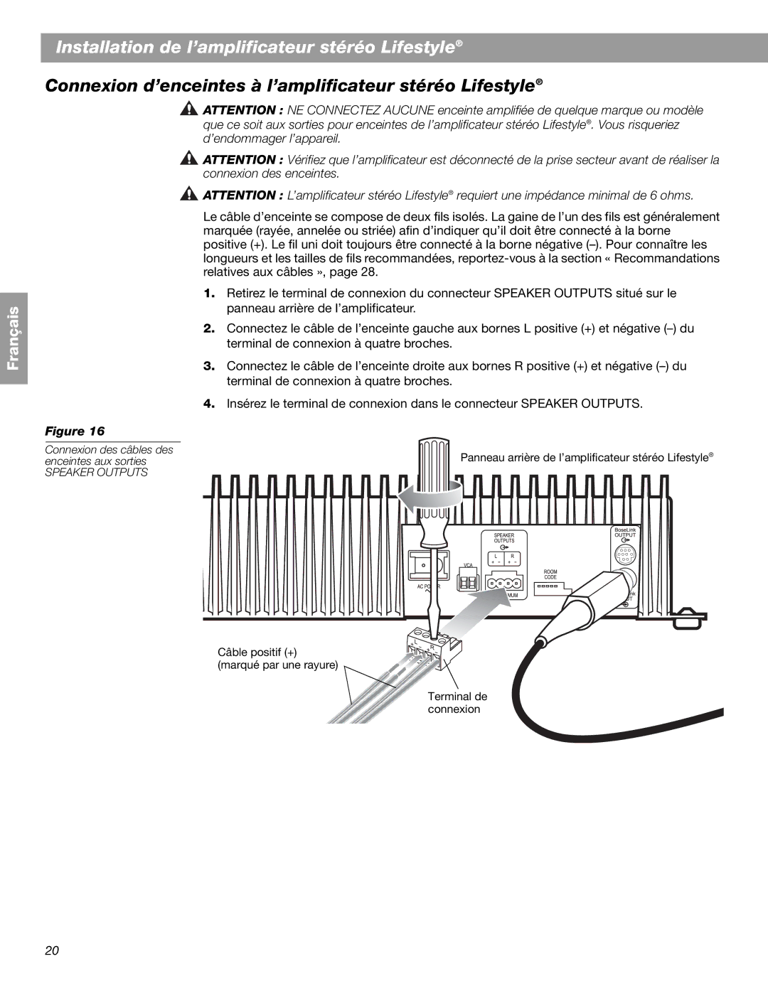 Bose BOSESA3 manual Connexion d’enceintes à l’amplificateur stéréo Lifestyle 