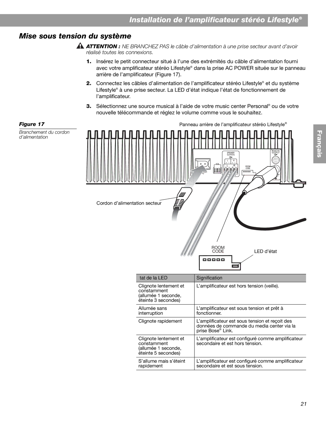 Bose BOSESA3 manual Mise sous tension du système, État de la LED Signification 