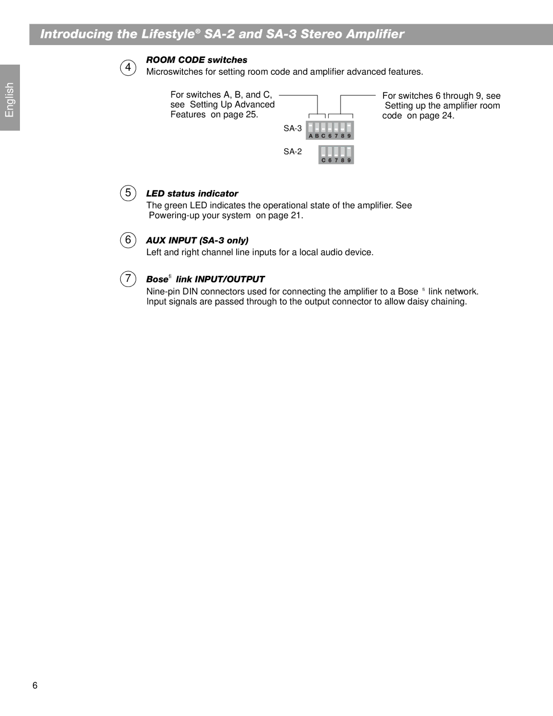 Bose BOSESA3 manual Room Code switches, LED status indicator, AUX Input SA-3 only, Bose link INPUT/OUTPUT 