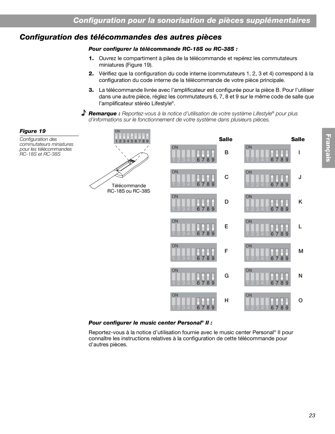 Bose BOSESA3 manual Configuration des télécommandes des autres pièces, Pour configurer la télécommande RC-18S ou RC-38S 