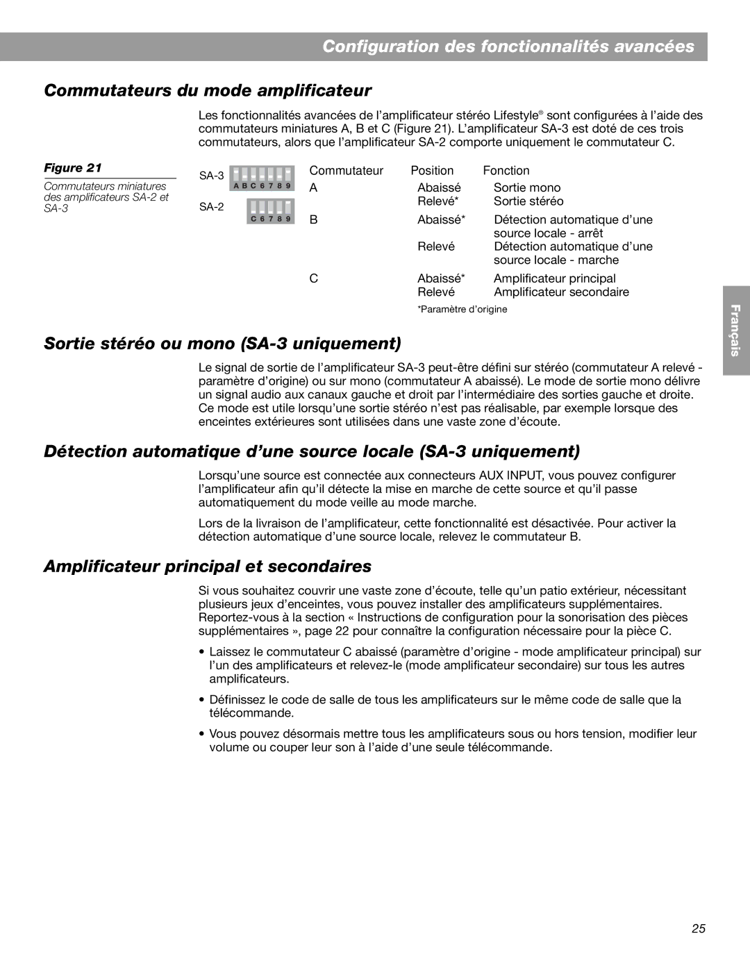 Bose BOSESA3 manual Configuration des fonctionnalités avancées, Commutateurs du mode amplificateur 