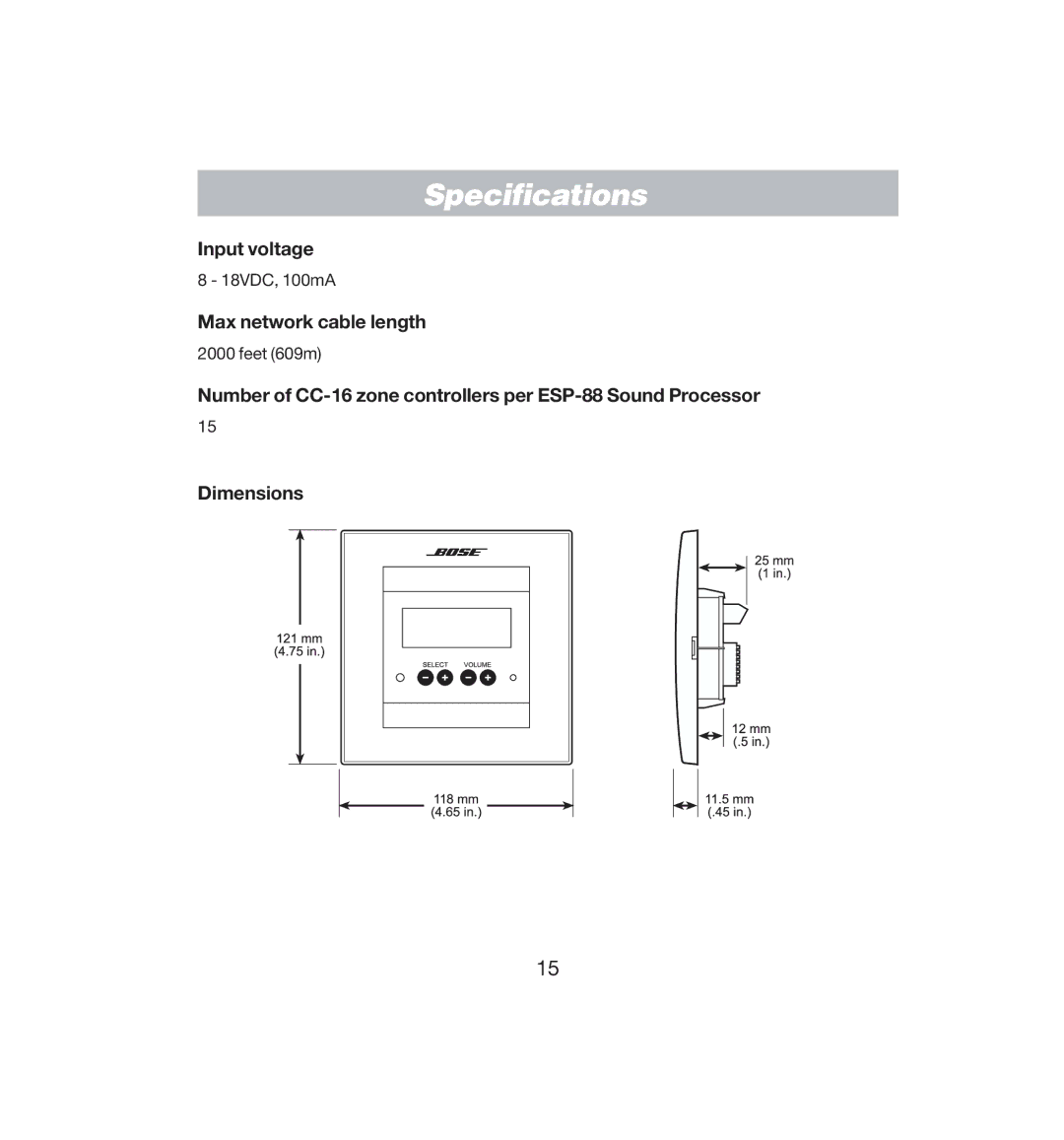 Bose CC-16 manual Specifications 