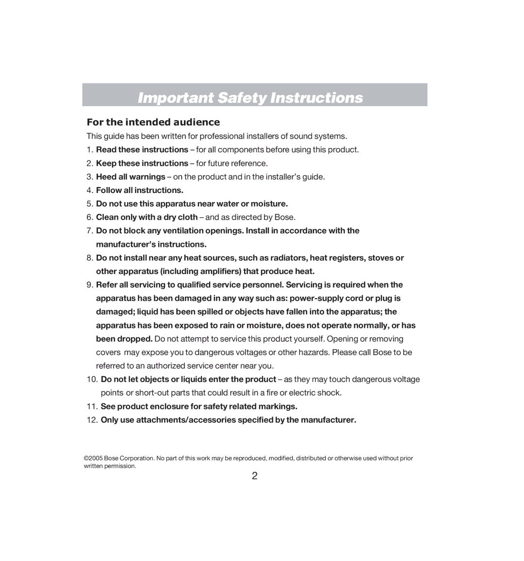 Bose CC-16 manual Important Safety Instructions, For the intended audience 