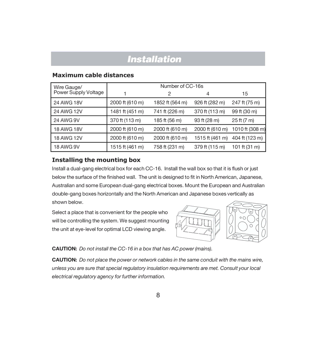Bose CC-16 manual Maximum cable distances, Installing the mounting box 