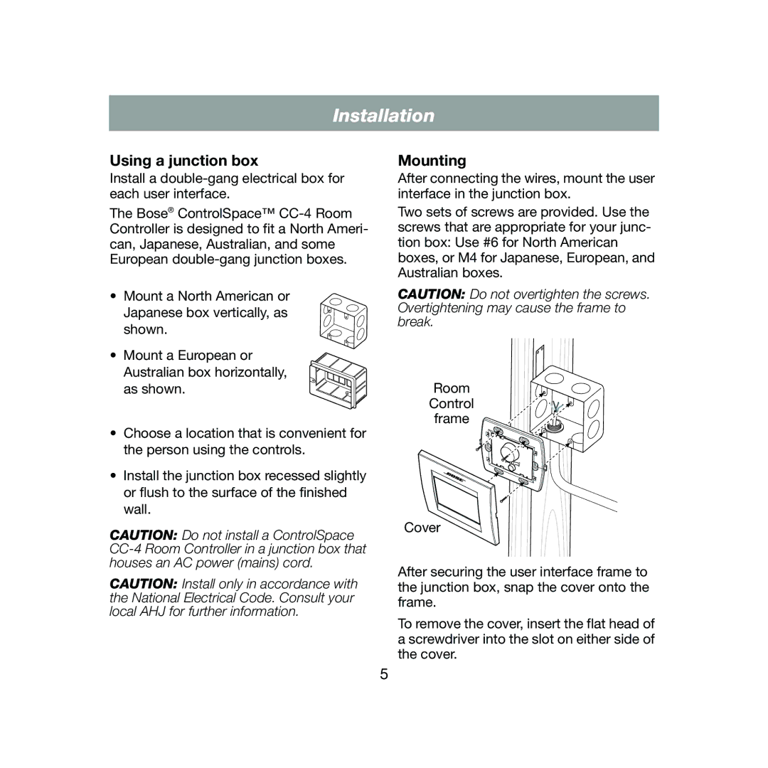 Bose CC-4 manual Using a junction box, Mounting 