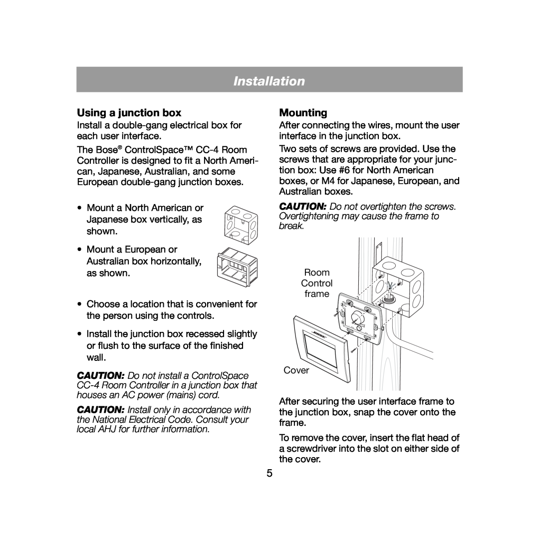 Bose CC-4 manual Using a junction box, Mounting, Installation 