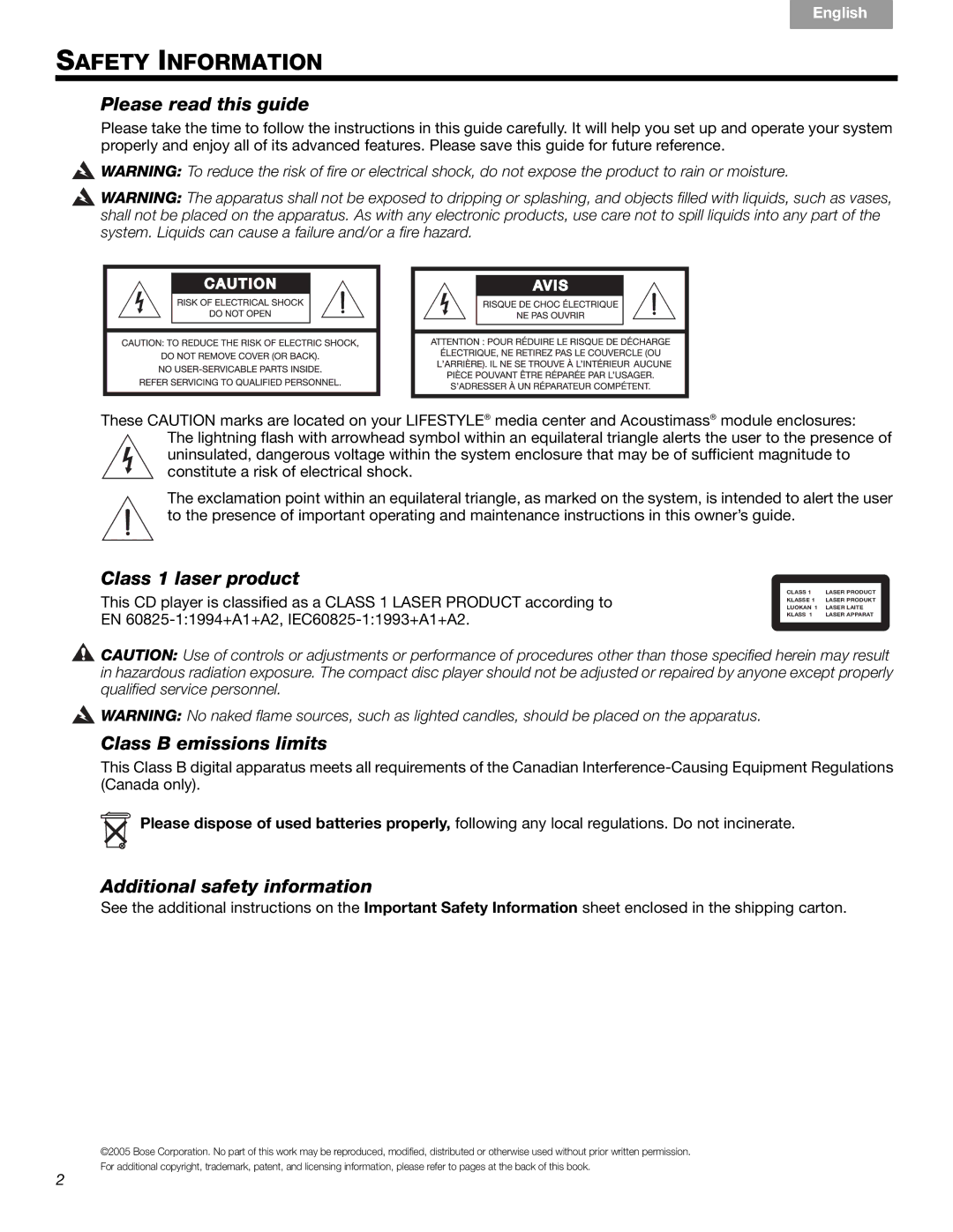 Bose CCM-001770 Please read this guide, Class 1 laser product, Class B emissions limits, Additional safety information 