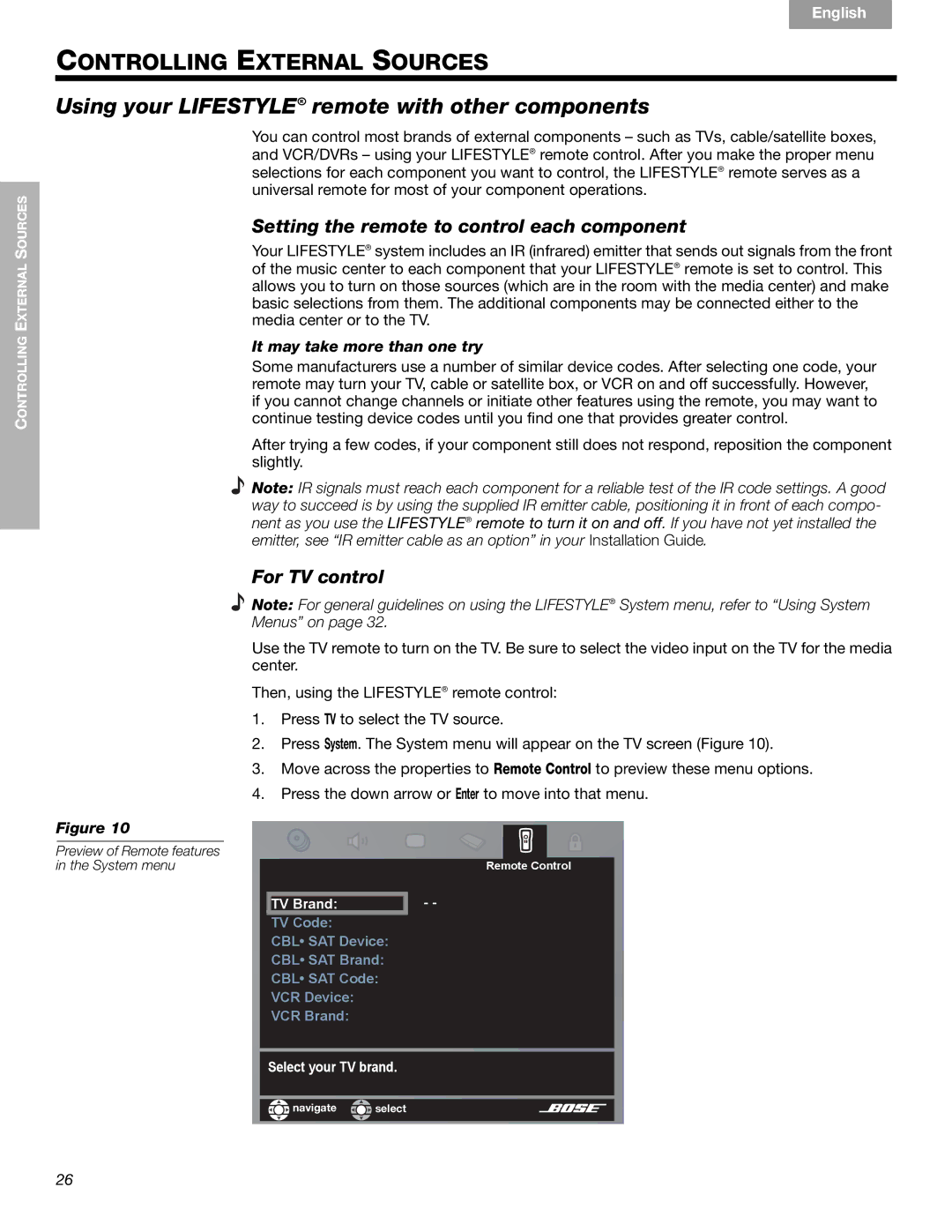 Bose CCM-001770, 289328 Using your LIFESTYLE! remote with other components, Setting the remote to control each component 