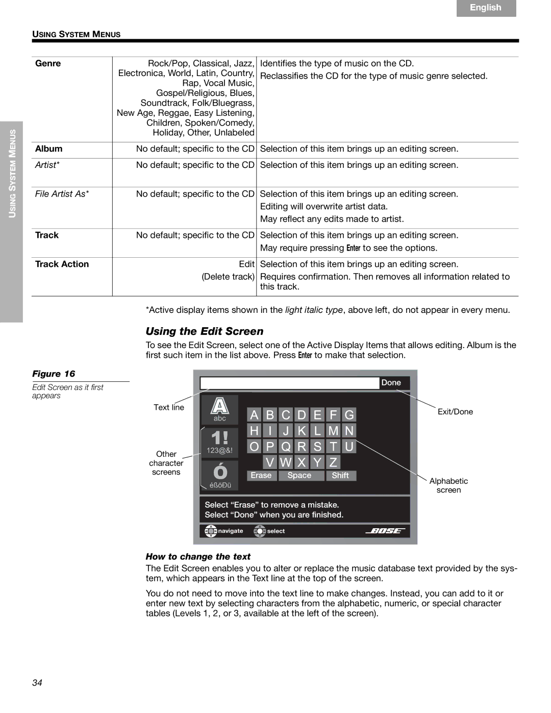 Bose CCM-001770, 289328 manual Using the Edit Screen, Genre, Album, Track Action, How to change the text 