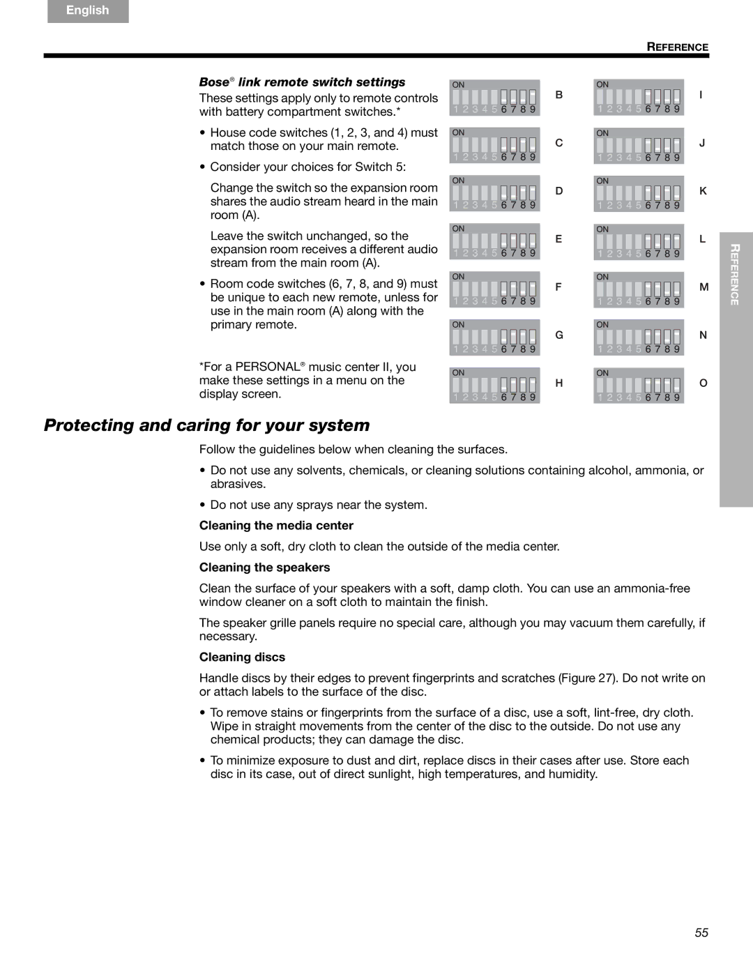 Bose 289328, CCM-001770 Protecting and caring for your system, Bose link remote switch settings, Cleaning the media center 