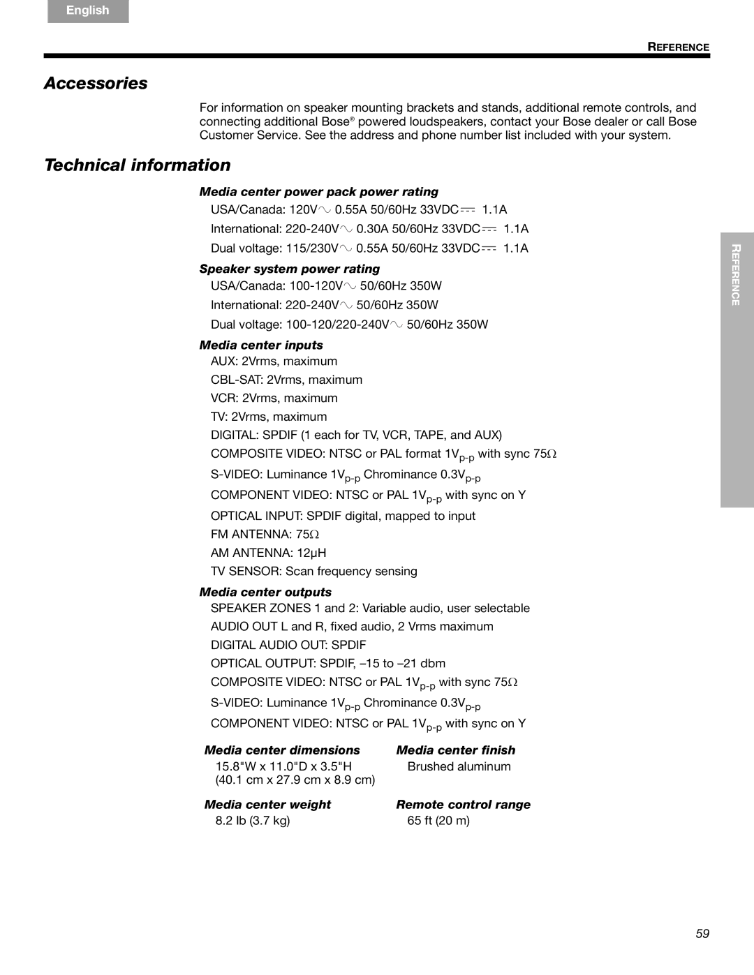 Bose 289328, CCM-001770 manual Accessories, Technical information 