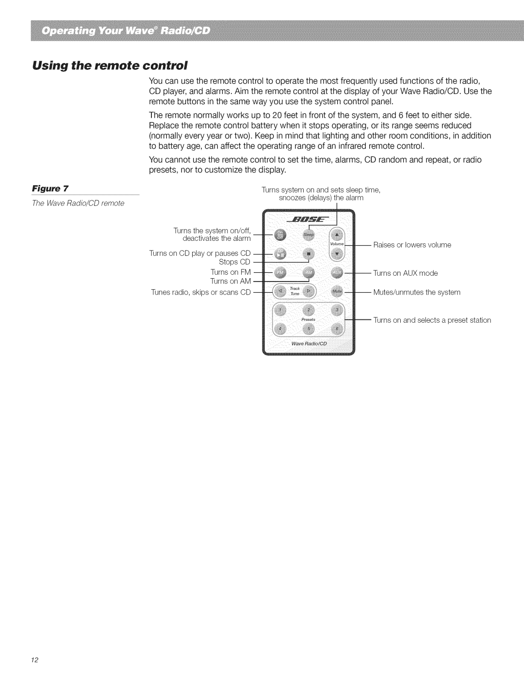 Bose CD Player manual Using the remote, Control 