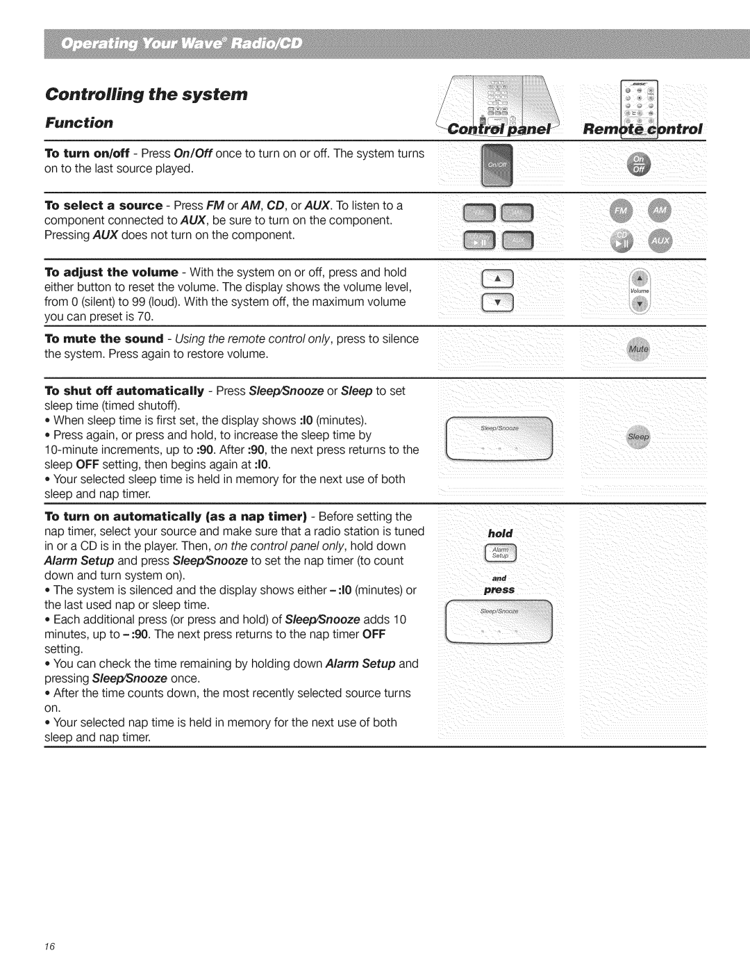 Bose CD Player manual Controlling the system, Function 