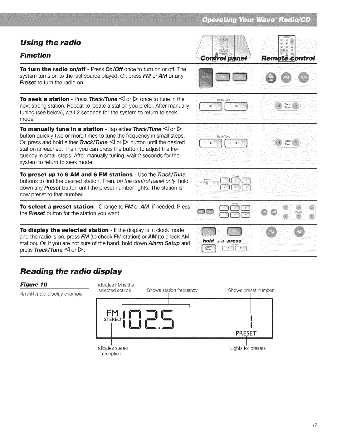 Bose CD Player manual Using the radio, Reading the radio 