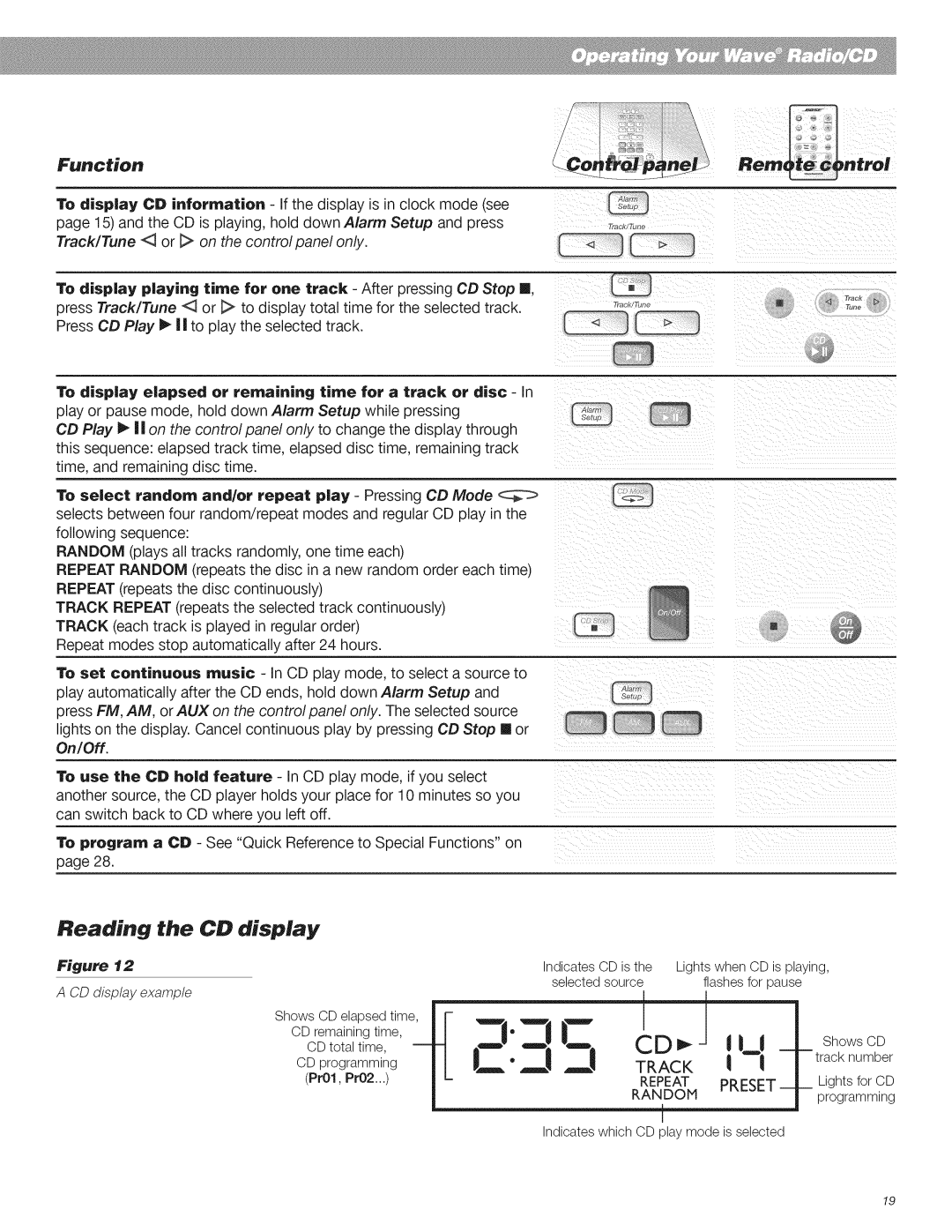 Bose CD Player manual Reading the CD display, CD display example 