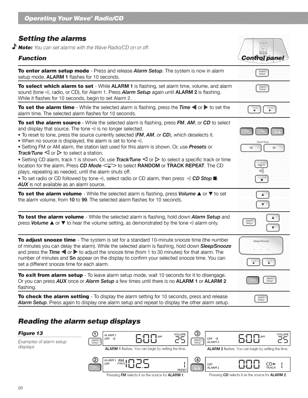 Bose CD Player manual Setting the alarms, Beading the alarm, Setup displays 