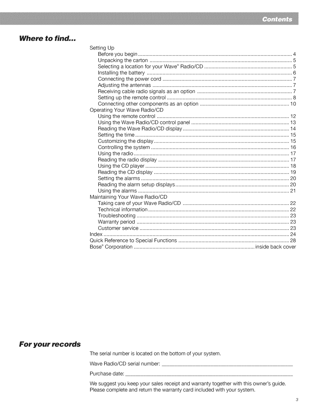 Bose CD Player manual Where to find, For your records 