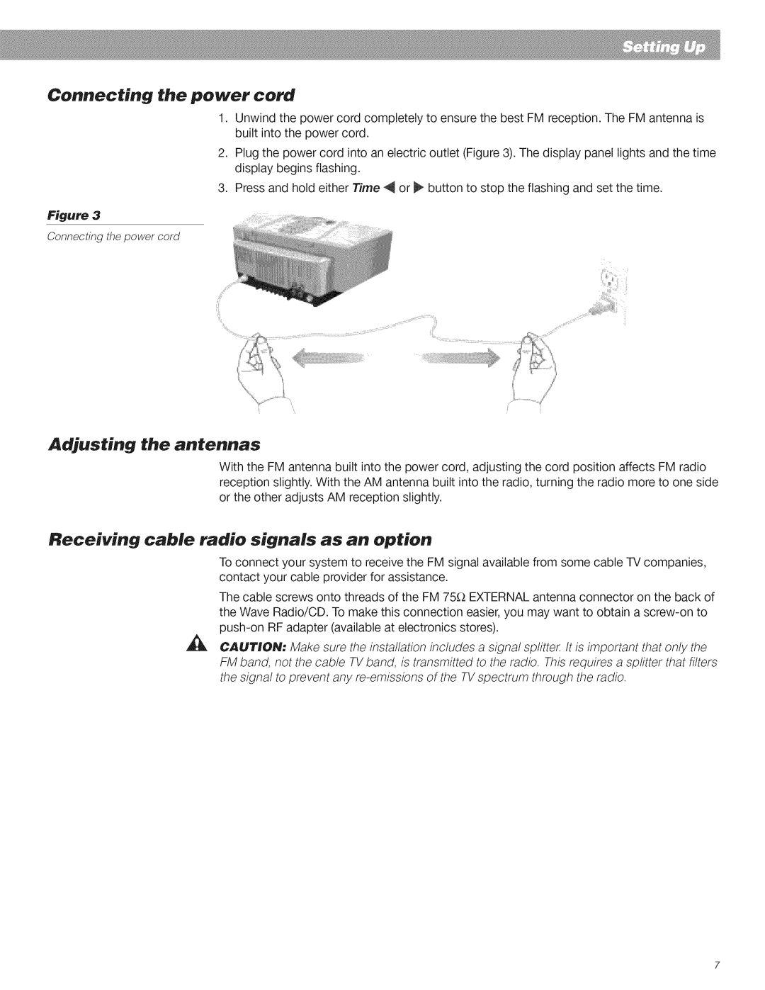 Bose CD Player manual Connecting the power cord, Adjusting the antennas 