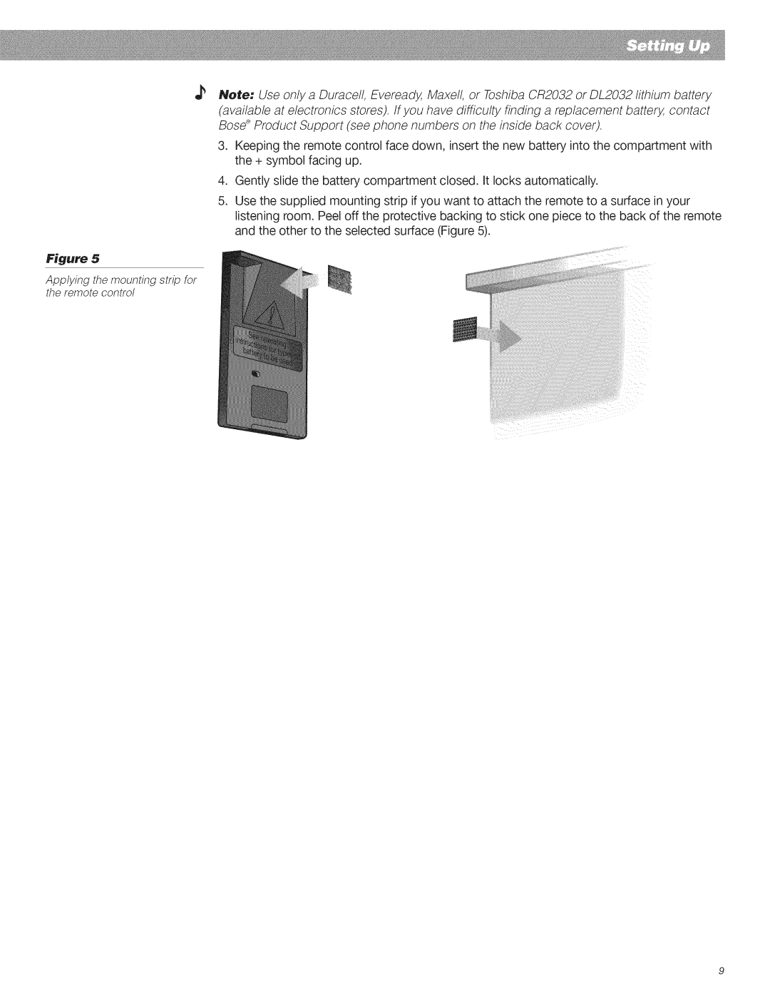 Bose CD Player manual Applying the mounting strip for the remote control 