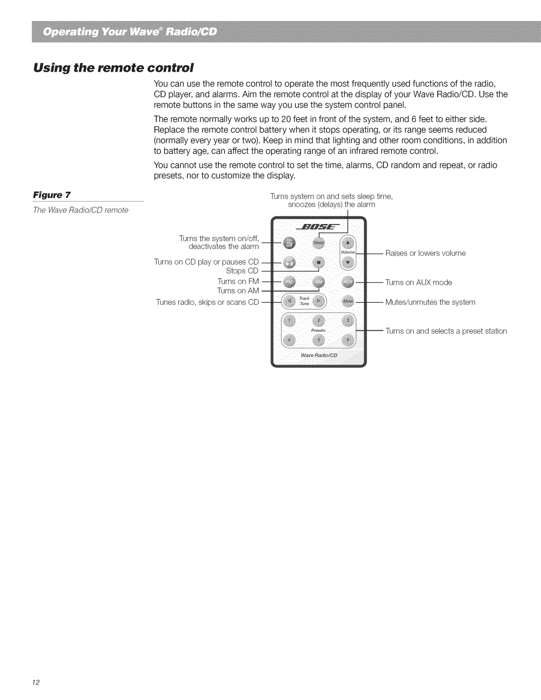 Bose CD Player manual Using the remote, control 
