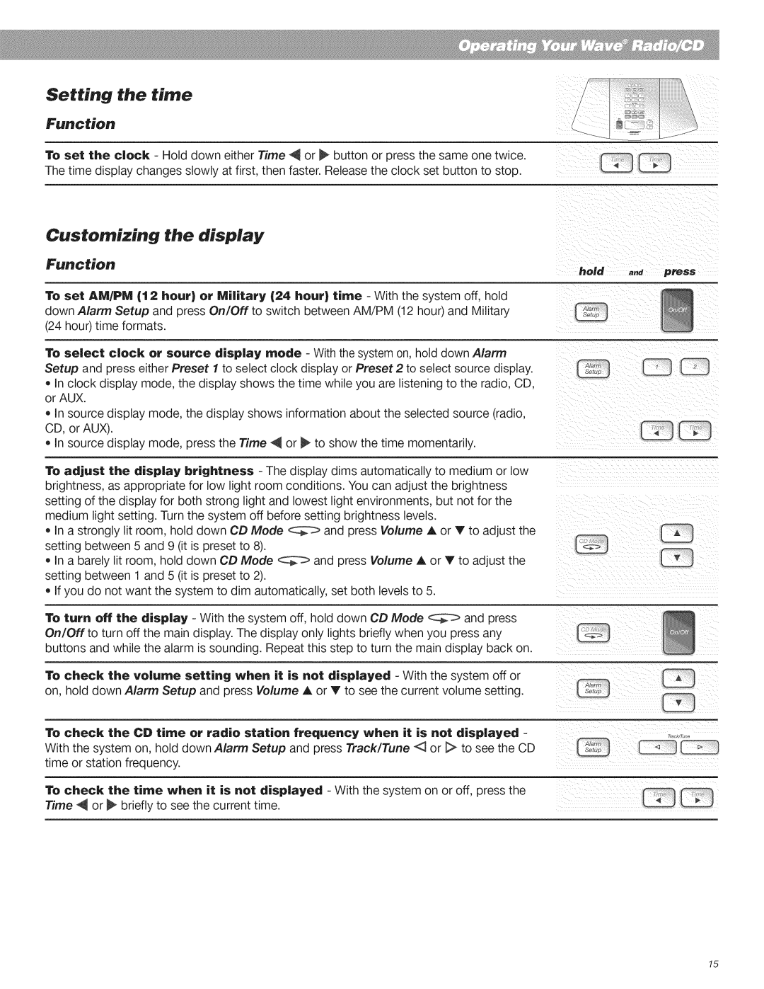 Bose CD Player manual Setting the time, Customizing the display 