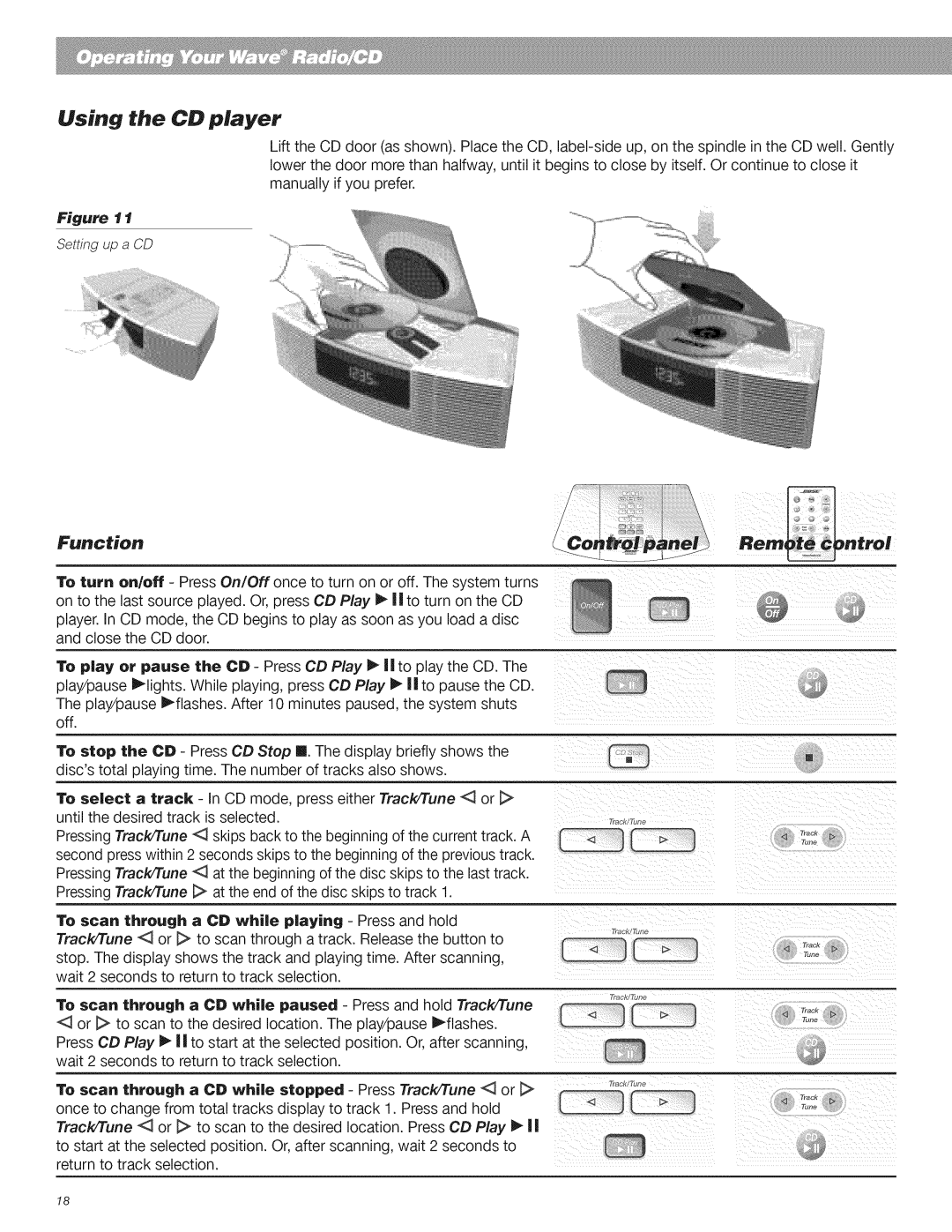 Bose CD Player manual Using the CD player, Function, Setting up a CD 