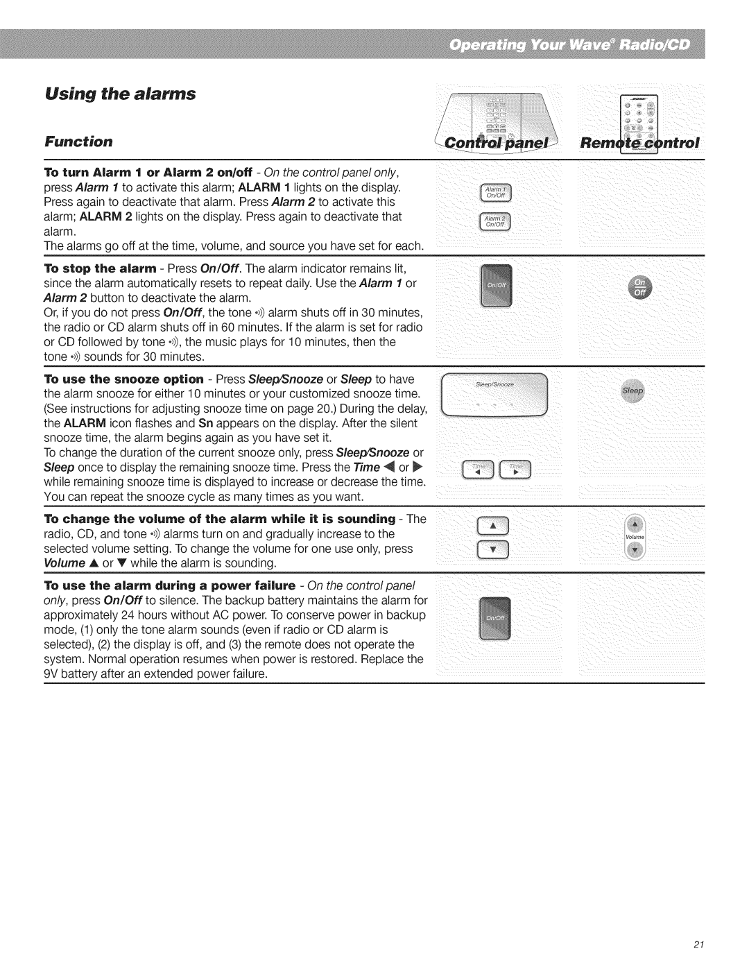 Bose CD Player manual Using the alarms 