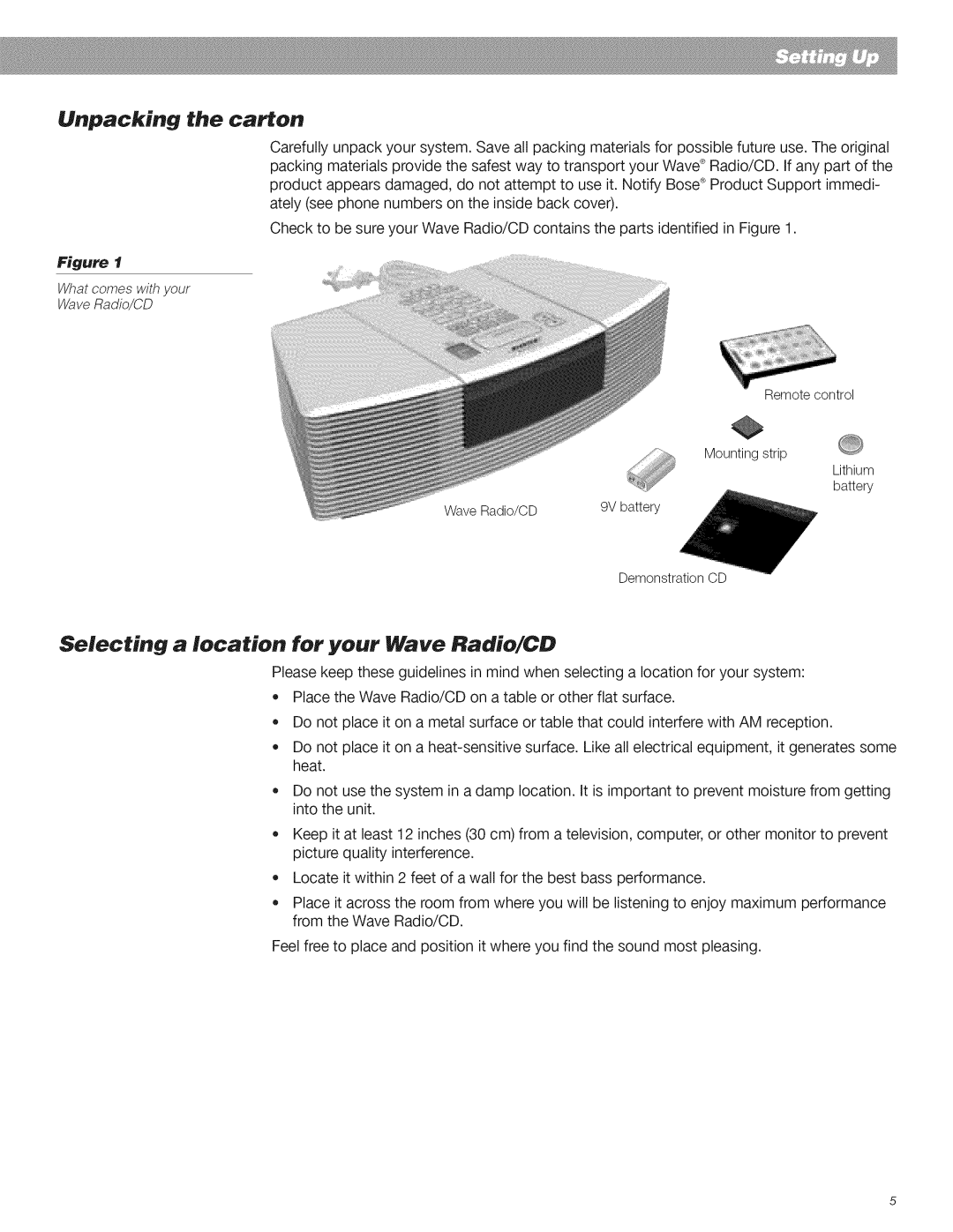 Bose CD Player manual Selecting a location for your Wave Radio/CD, Unpacking the carton 