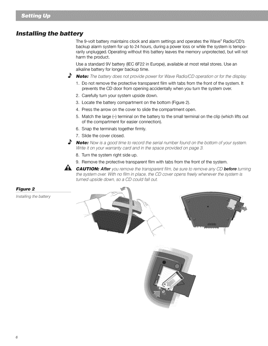 Bose CD Player manual Installing the battery 