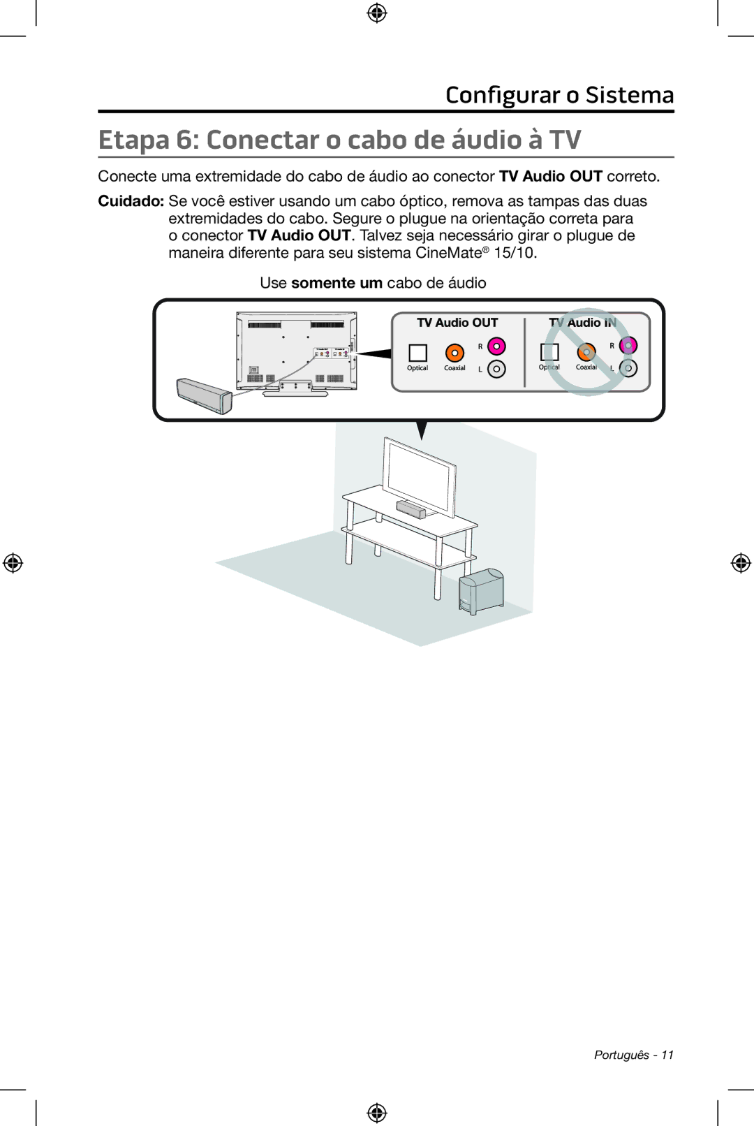 Bose CineMate 15/10 manual Etapa 6 Conectar o cabo de áudio à TV 