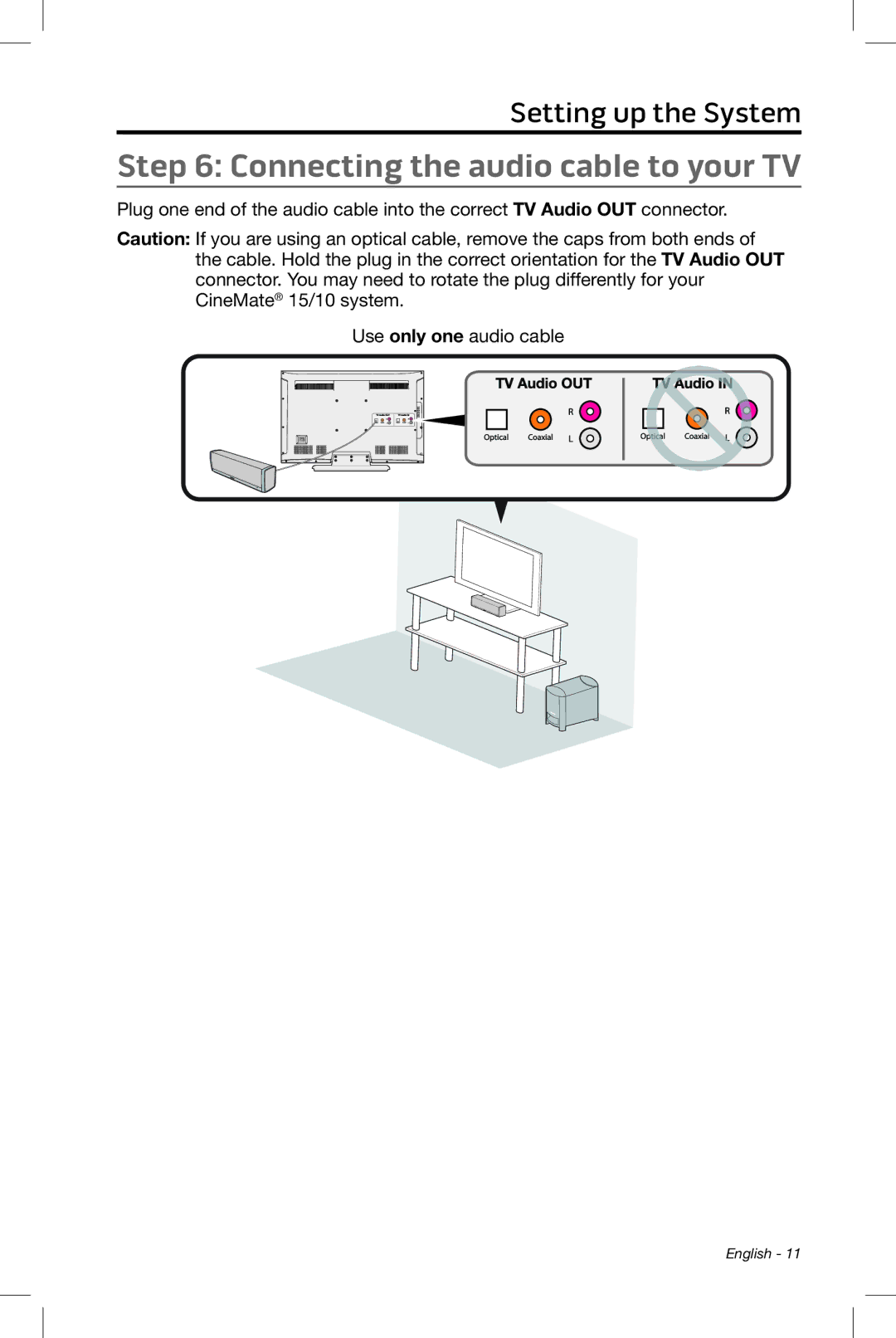 Bose CineMate 15/10 manual Connecting the audio cable to your TV 