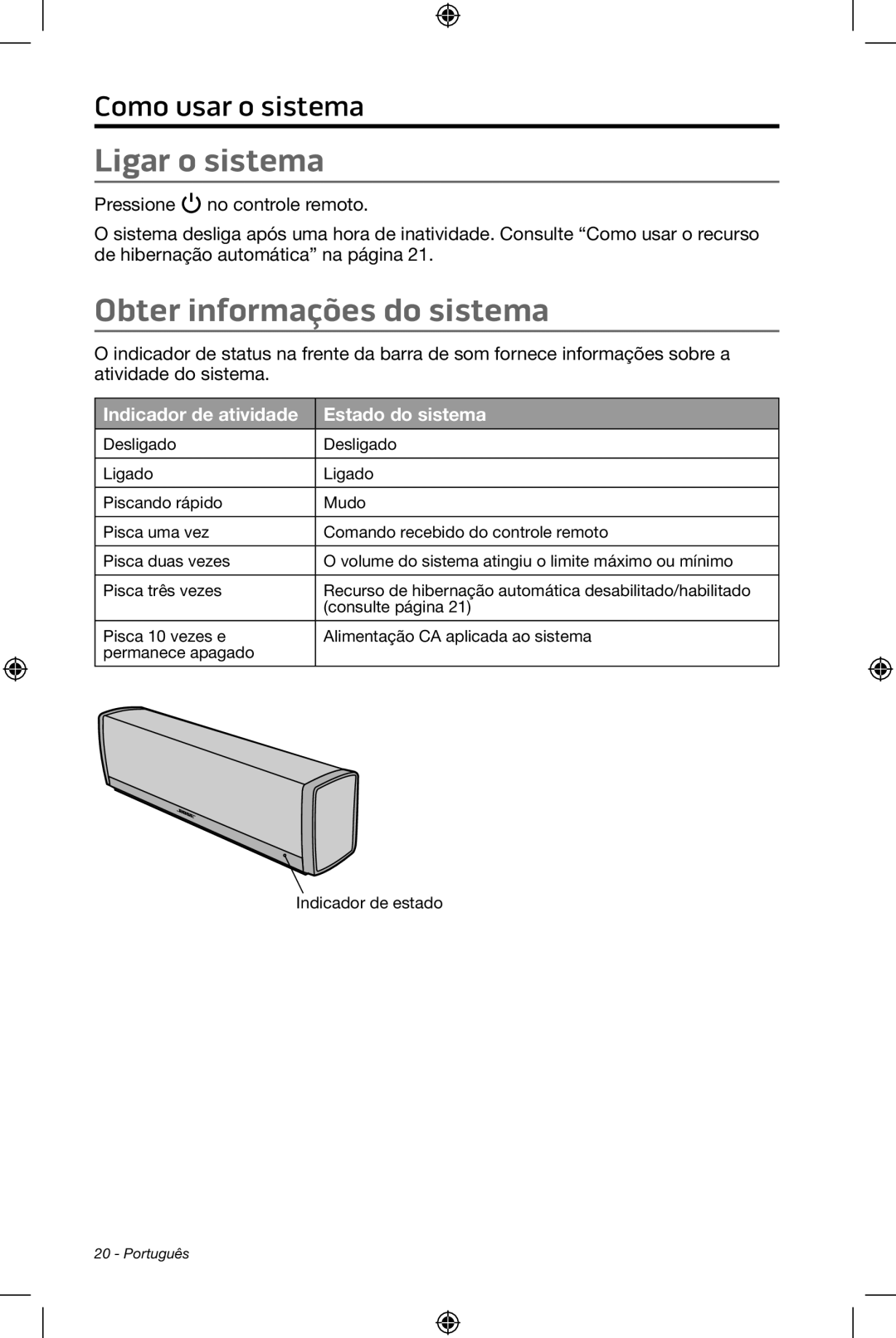 Bose CineMate 15/10 manual Ligar o sistema, Obter informações do sistema, Indicador de atividade Estado do sistema 