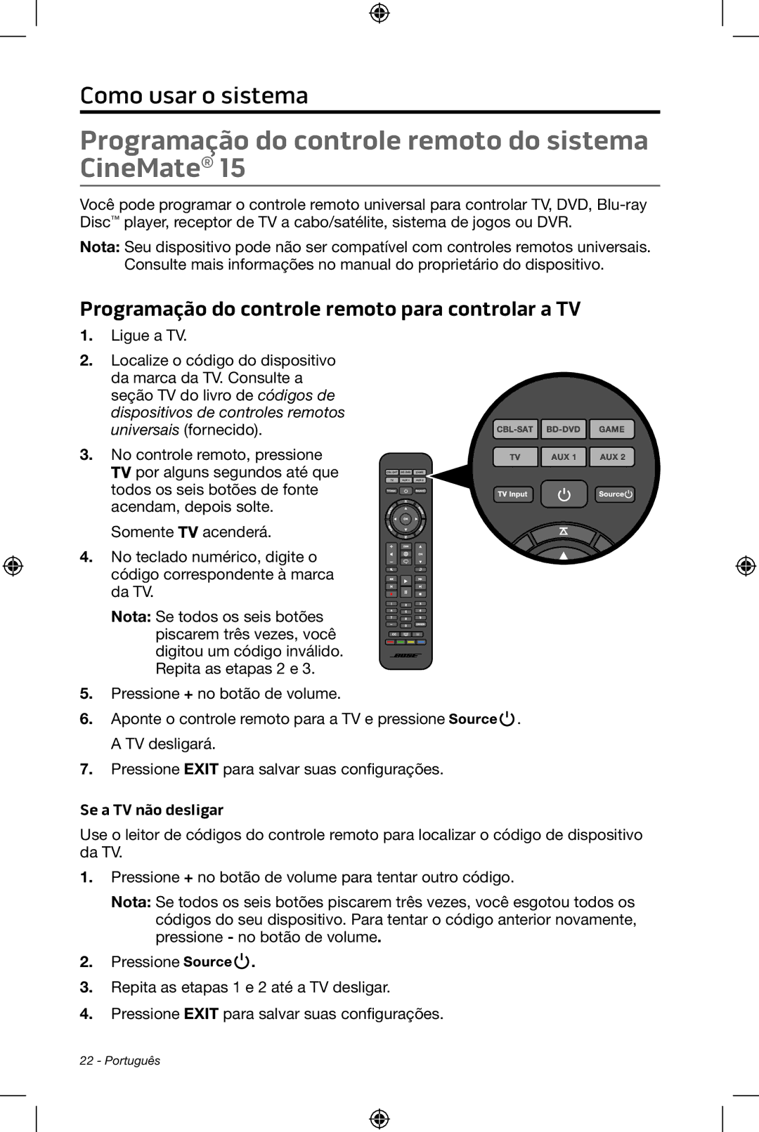 Bose CineMate 15/10 Programação do controle remoto do sistema CineMate, Programação do controle remoto para controlar a TV 