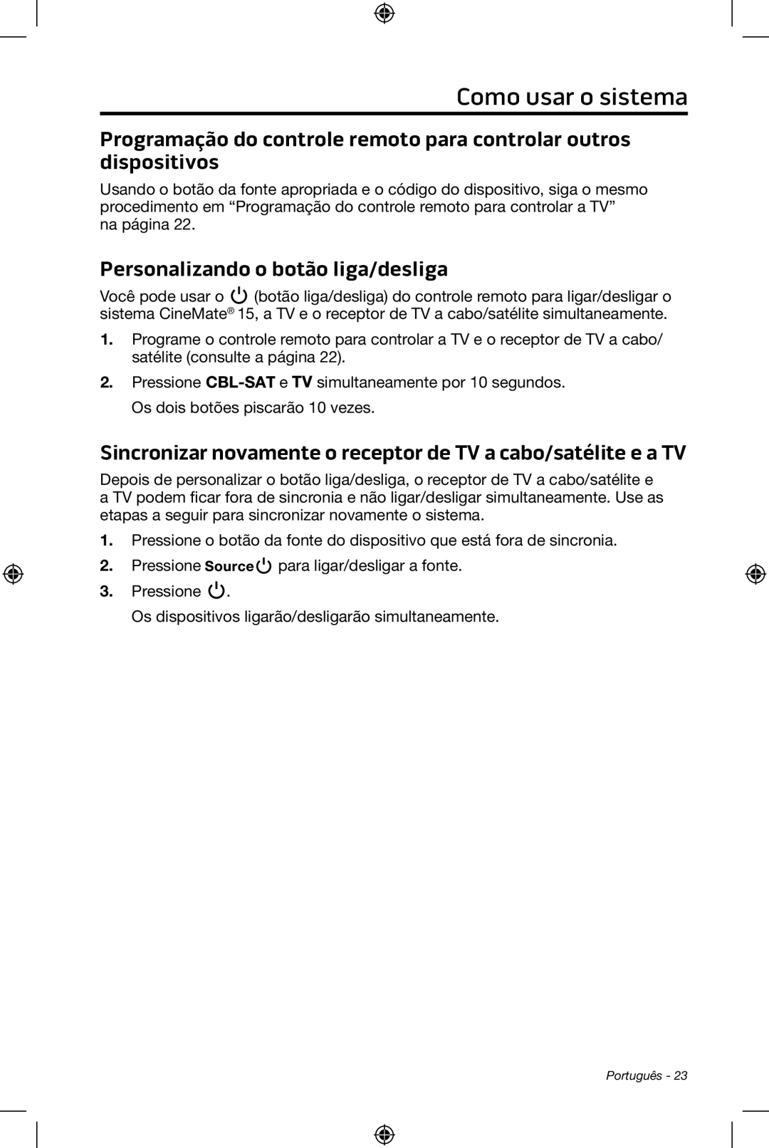 Bose CineMate 15/10 manual Personalizando o botão liga/desliga 