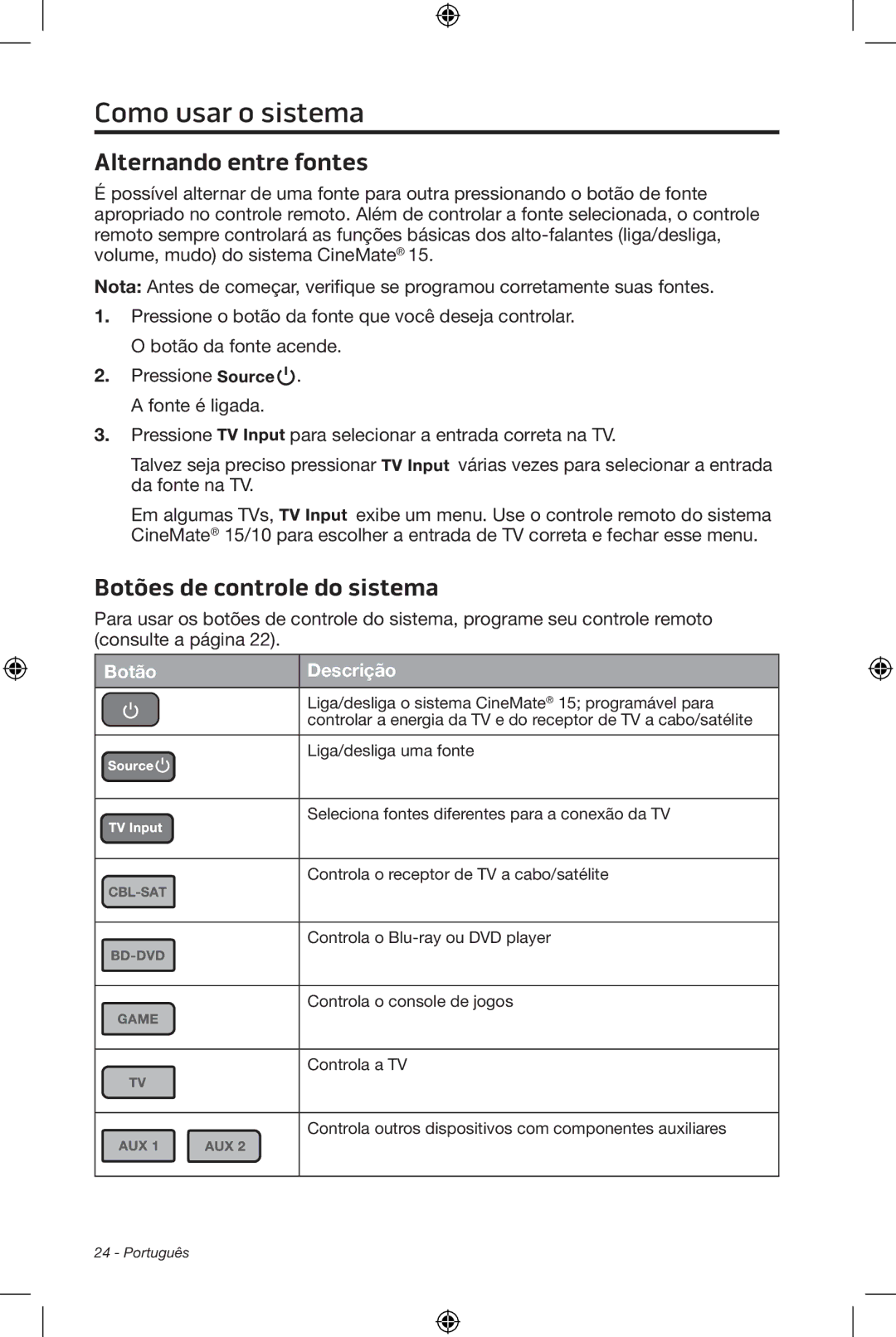 Bose CineMate 15/10 manual Alternando entre fontes, Botões de controle do sistema, Botão Descrição 