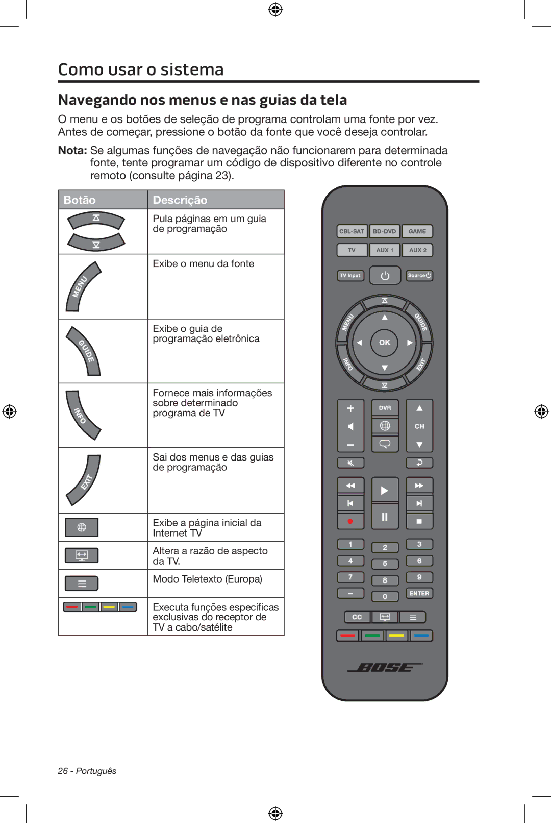 Bose CineMate 15/10 manual Navegando nos menus e nas guias da tela 