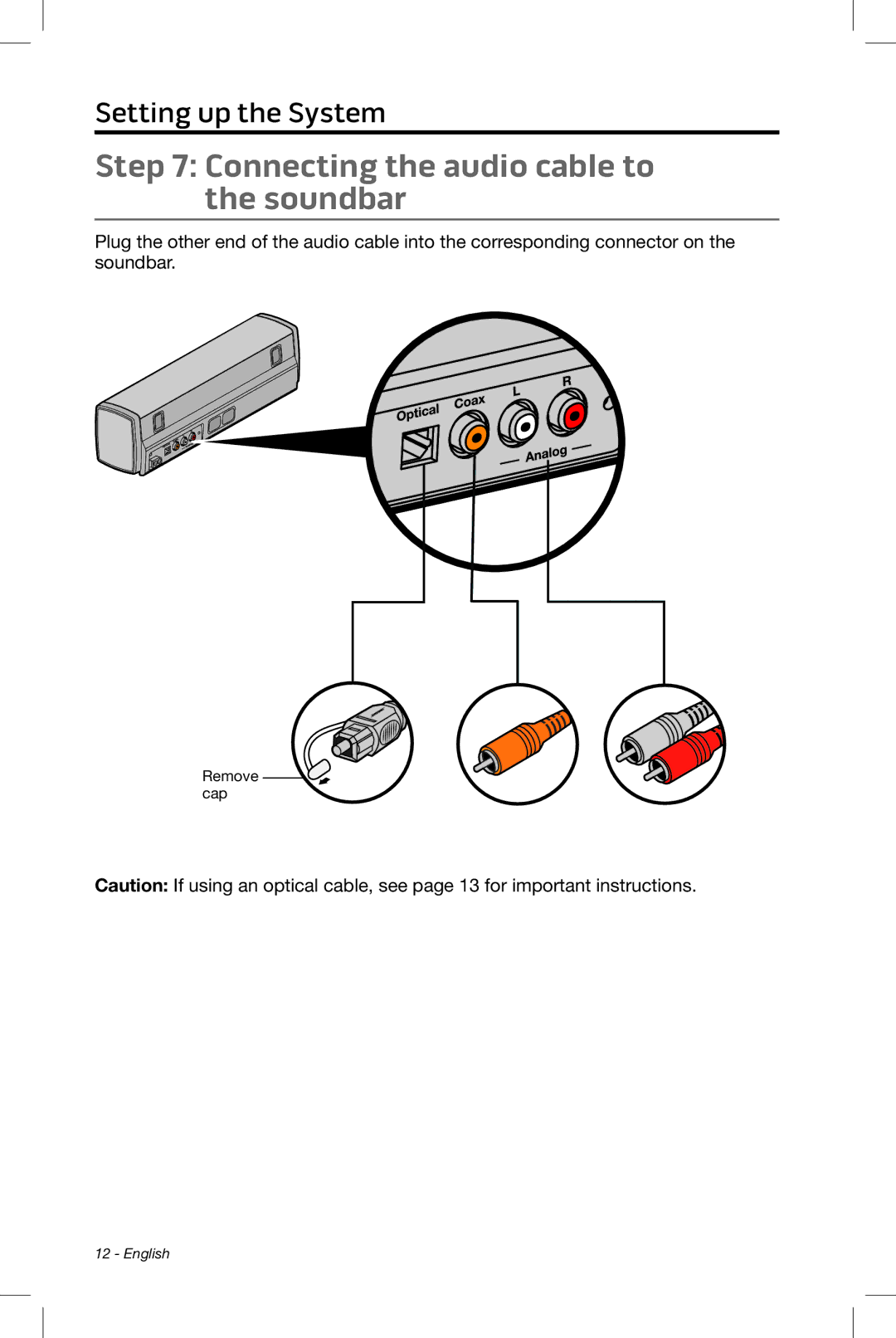 Bose CineMate 15/10 manual Connecting the audio cable to the soundbar 