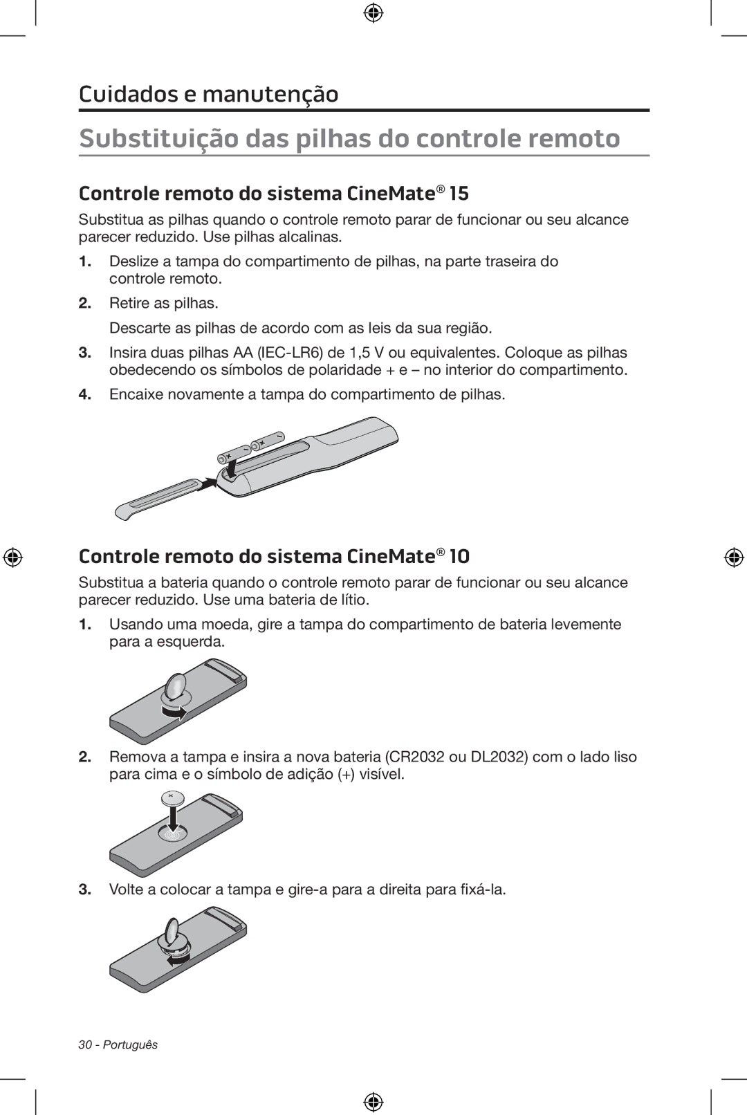 Bose CineMate 15/10 manual Substituição das pilhas do controle remoto, Controle remoto do sistema CineMate 