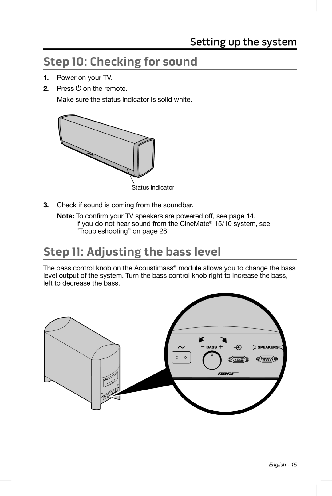 Bose CineMate 15/10 manual Checking for sound, Adjusting the bass level 