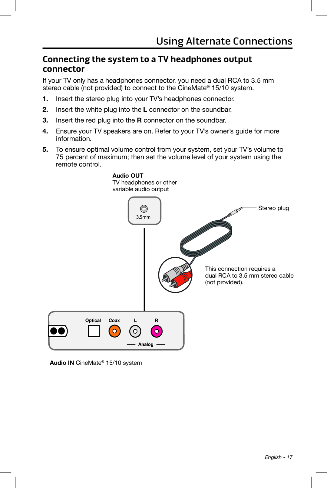 Bose CineMate 15/10 manual Connecting the system to a TV headphones output connector, Audio OUT 