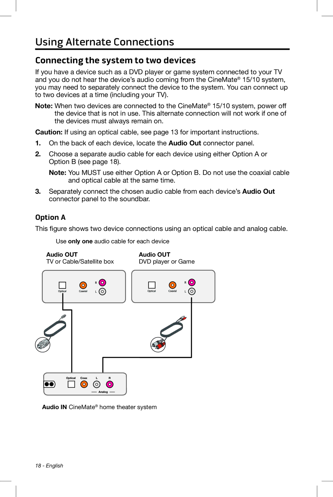 Bose CineMate 15/10 manual Connecting the system to two devices, Option a 