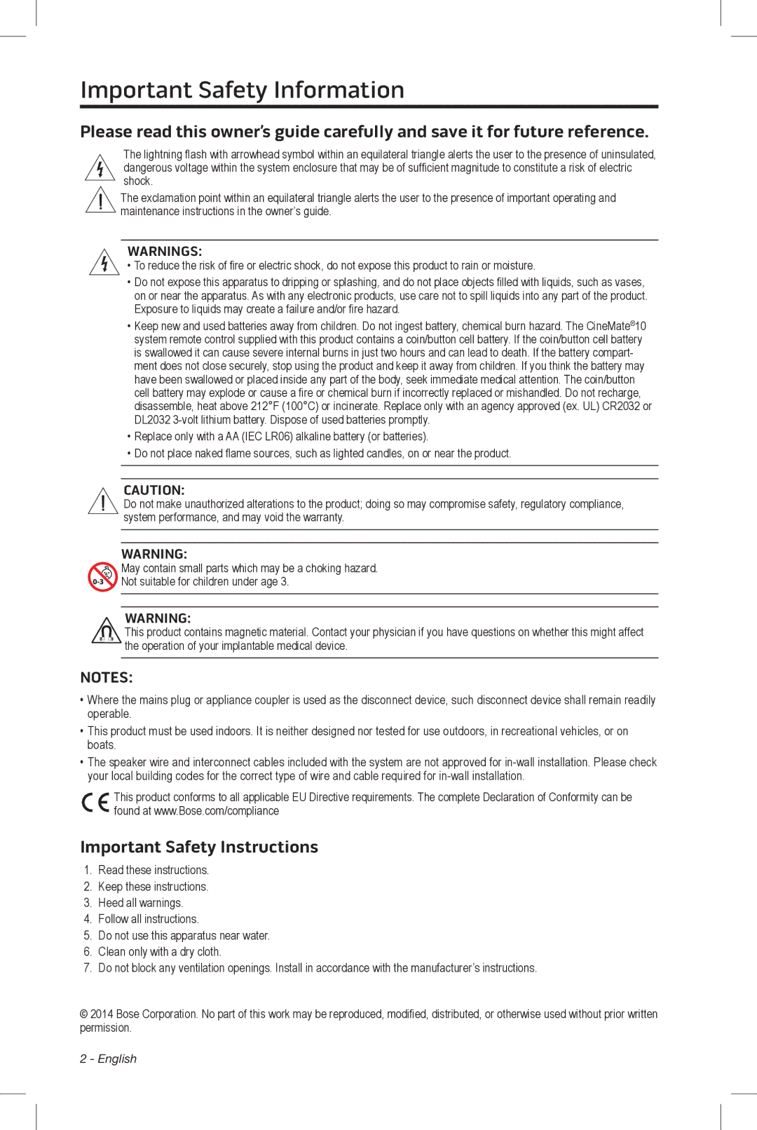 Bose CineMate 15/10 manual Important Safety Information, Important Safety Instructions 