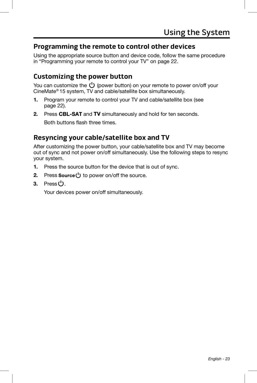 Bose CineMate 15/10 manual Programming the remote to control other devices, Customizing the power button 