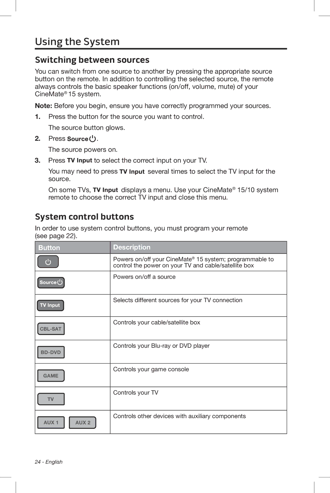 Bose CineMate 15/10 manual Switching between sources, System control buttons, Button Description 