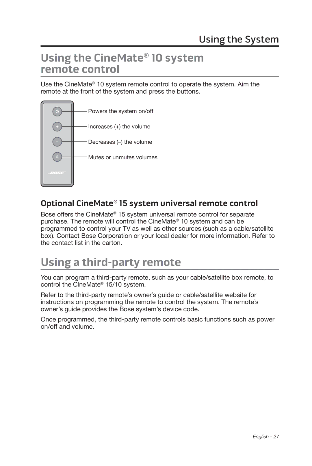 Bose CineMate 15/10 manual Using the CineMate 10 system remote control, Using a third-party remote 